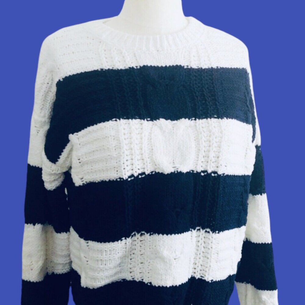Primark Cable Chunky Knit Rugby Style Sweater Navy Blue White Stripes Small NWT
